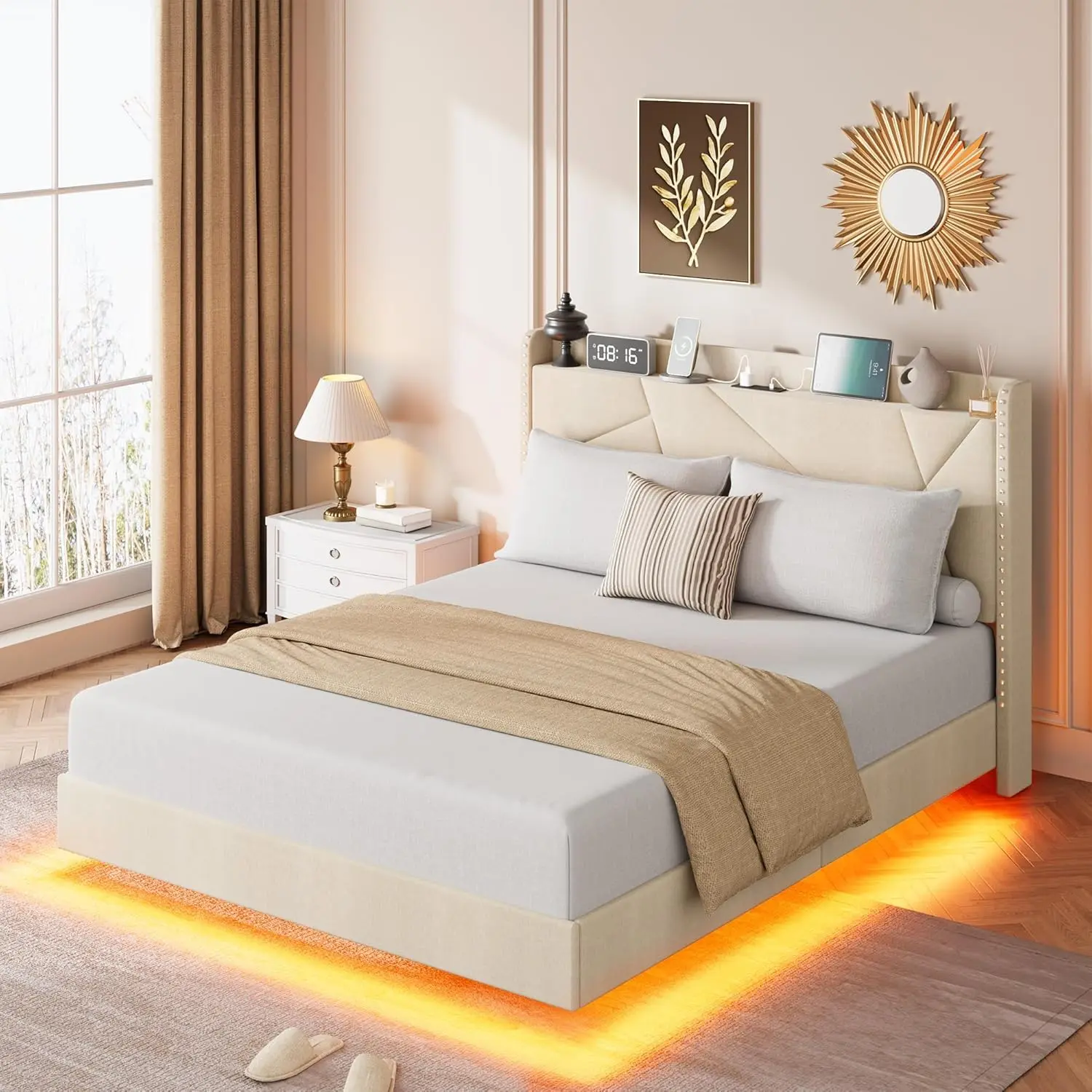 Garvee - Queen Size Floating Bed Frame, Suspended Bed with RGB LED Lights and Charging Station, Upholstered Bed Frame with Storage Headboard and Button Tufting, No Box Spring Needed