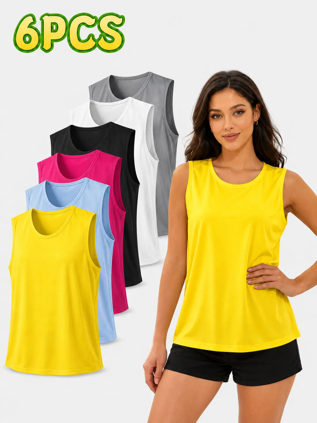 Women's 6-Pack Regular Fit Round Neck Quick Dry Polyester Tank Tops, Lightweight Breathable Athletic Sport Sleeveless Shirts for Gym, Running, Everyday Wear