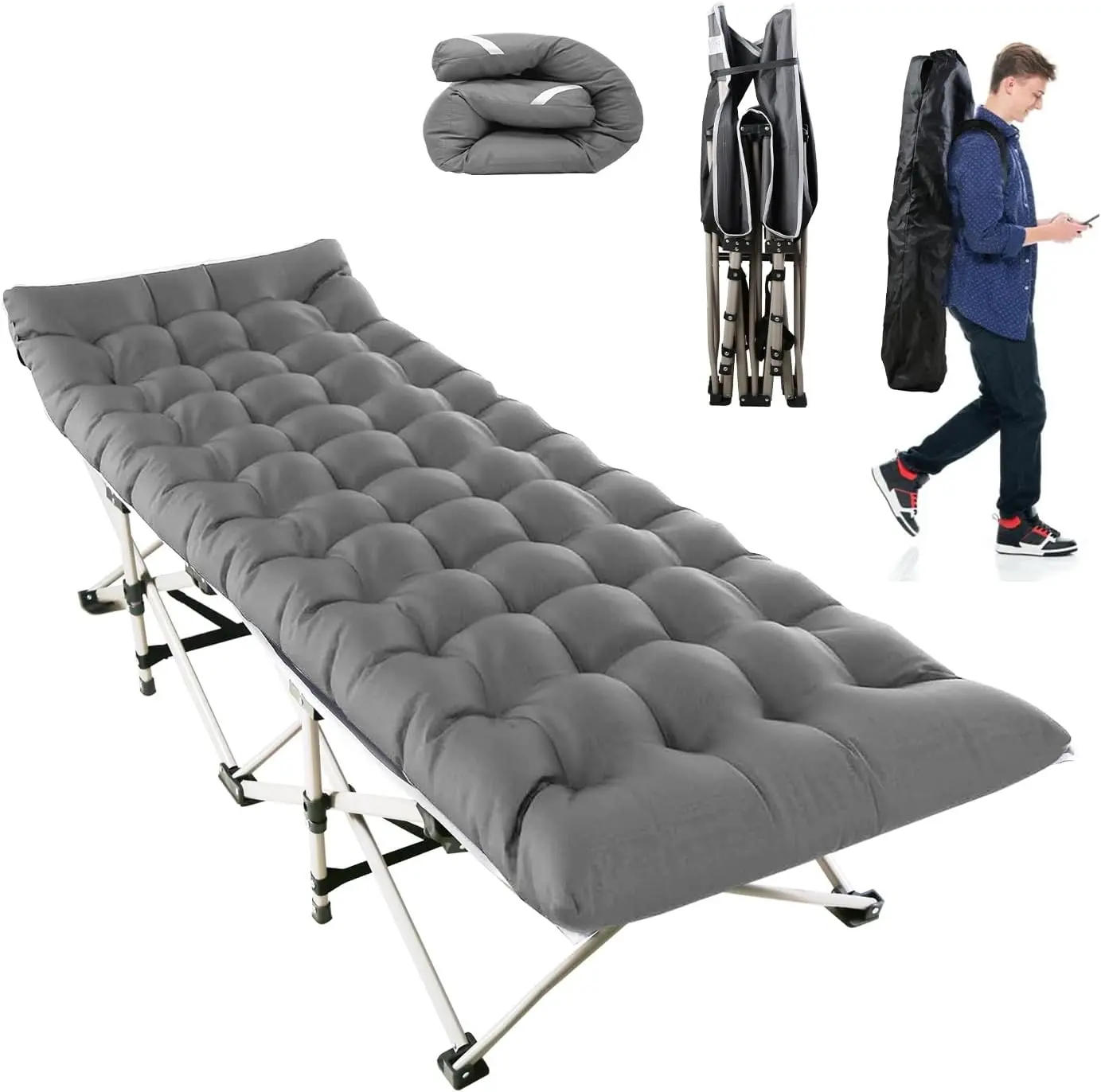 Camping Cot, Folding Camping Cot Bed for Adults Sleeping 600D Double Layer Oxford Portable Folding Outdoor Cots for Camping W/Soft Pad Carry Bag for Home Office Nap Beach Travel, Grey