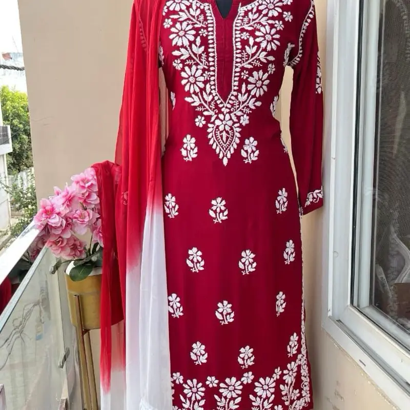 Premium Lucknow Chikankari Handwork Rayon Kurti Set with Flairy Plazo & Shiffon Dupatta 3-Piece Set for Women's Elegant Wear Light Brown Asian Style Suits Casual Womenswear