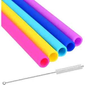 Reusable Silicone Drinking Straws Set of 5 BPA Free With Free Cleaning Brush 10" Long Extra Wide Fat Straws Great Gift for Smoothies & Bubble Tea Lovers