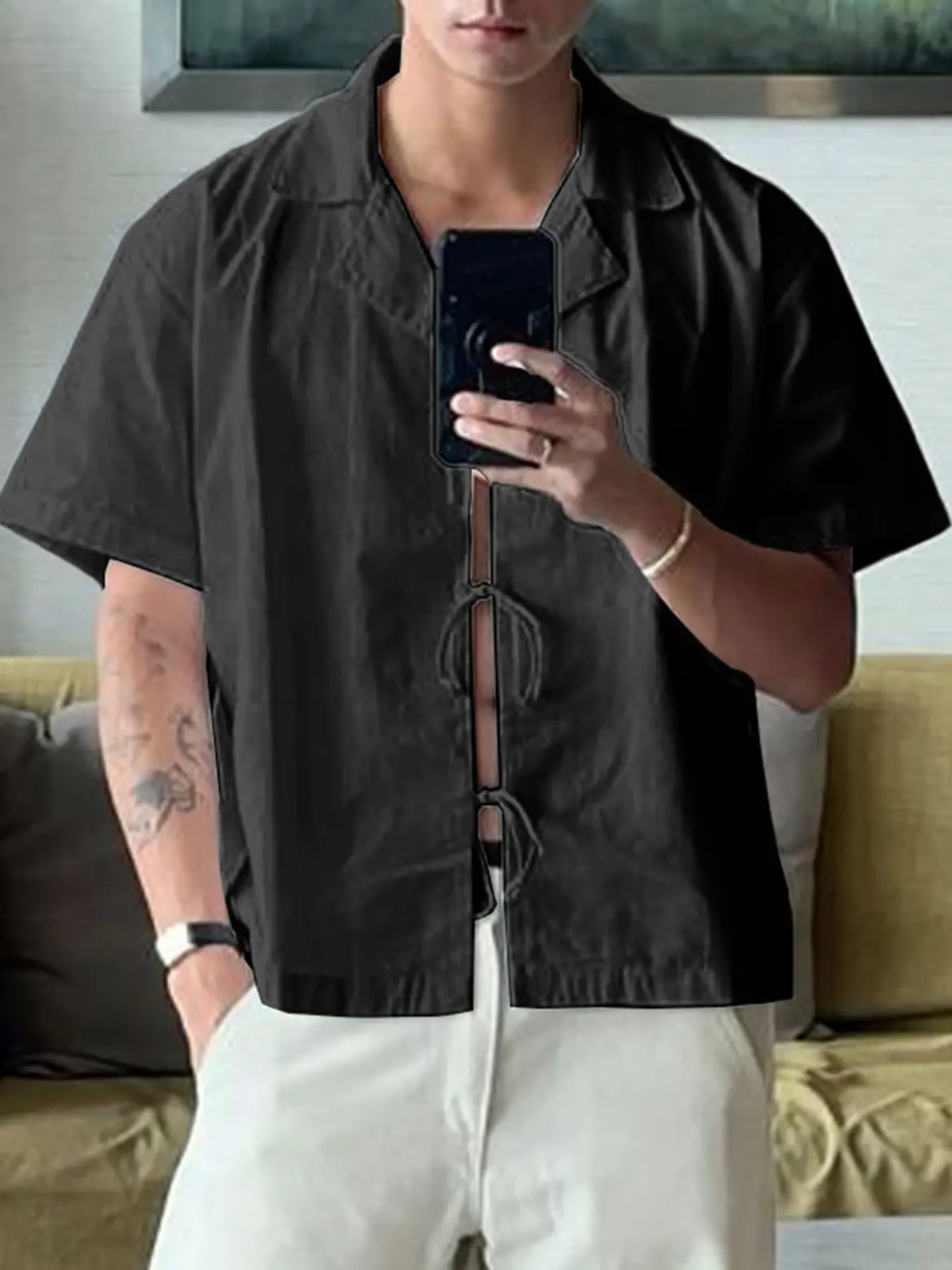 INCERUN Men's Fashion Belted Casual Solid Color Plain Short Sleeve Shirt Top Casual Summer Tops Menswear, Summer Daily Wear, Stylish and Comfortable, Perfect for Everyday Use