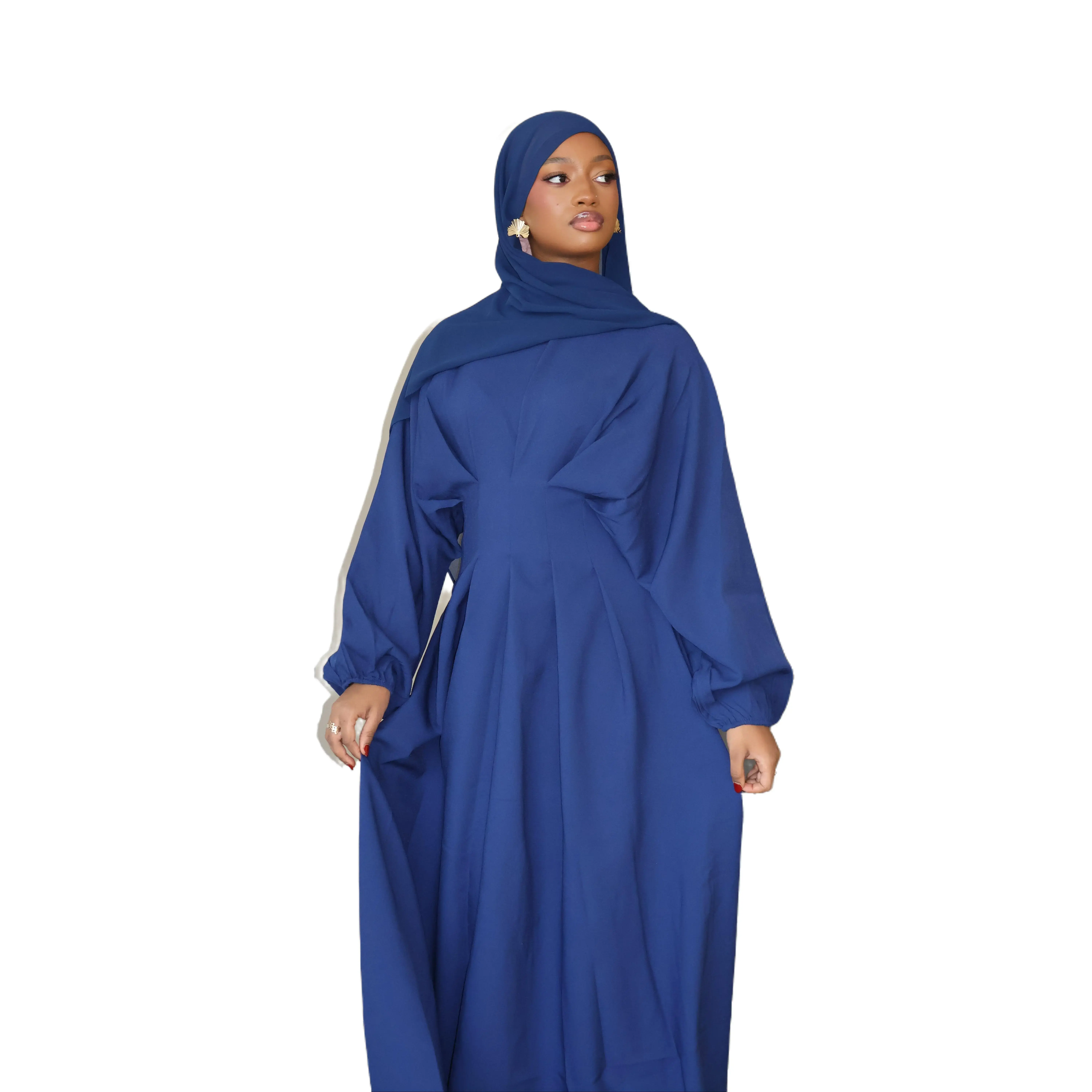 Women's Pleated A-Line Maxidress - Modest Muslim Formal Attire with High Neck, Balloon Sleeves, Lightweight Woven Soft Fabric, Full Coverage, All Seasons, Deep Tone, Elegant, Modesty