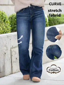 Women's Versatile Casual Denim Jeans, Elastic Comfortable Fitted Straight Leg Washed Jeans, Fashionable Patchwork Design, All Seasons Wear