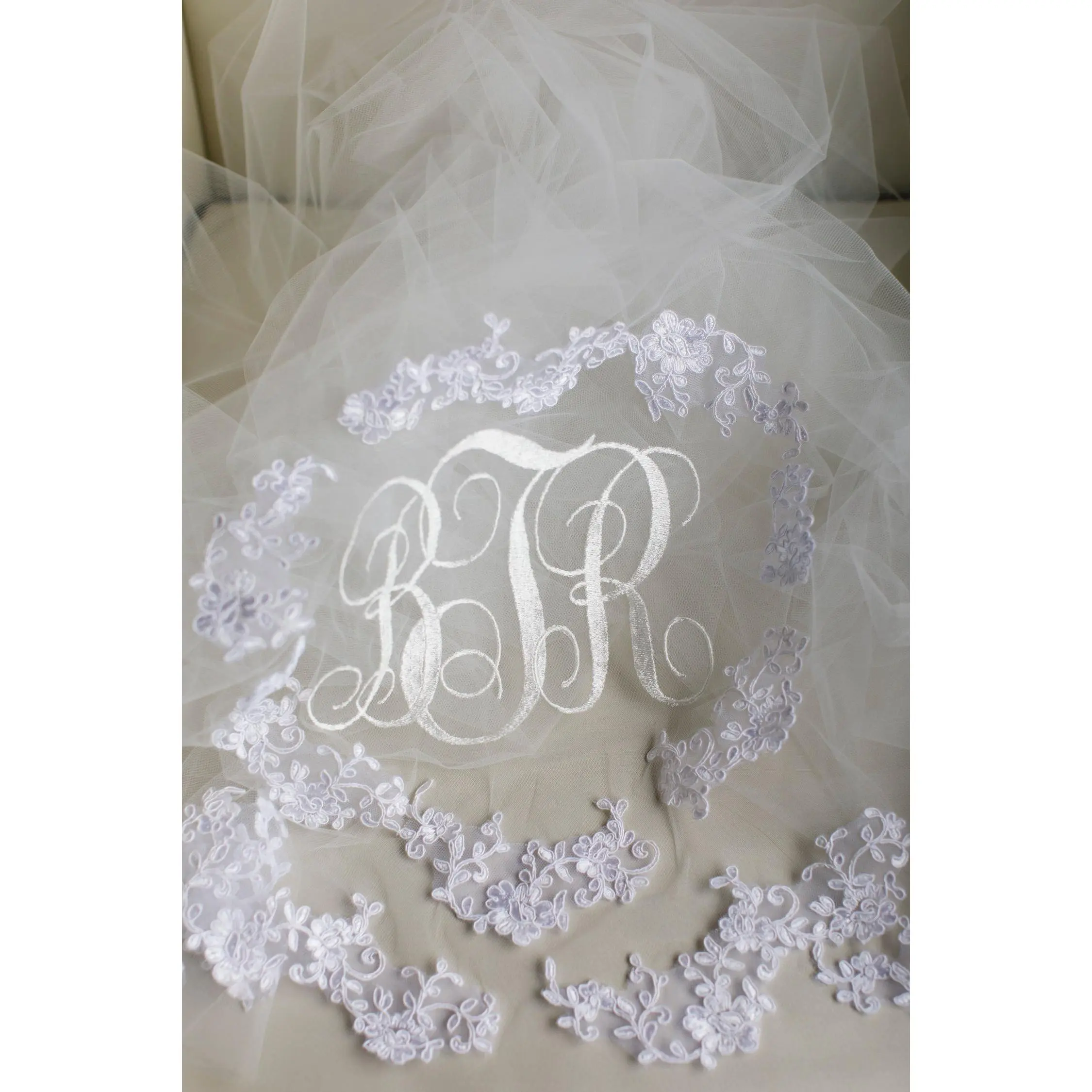 Monogrammed Embroidered Cathedral Veil with Lace Applique Motifs, Cathedral Length Veil