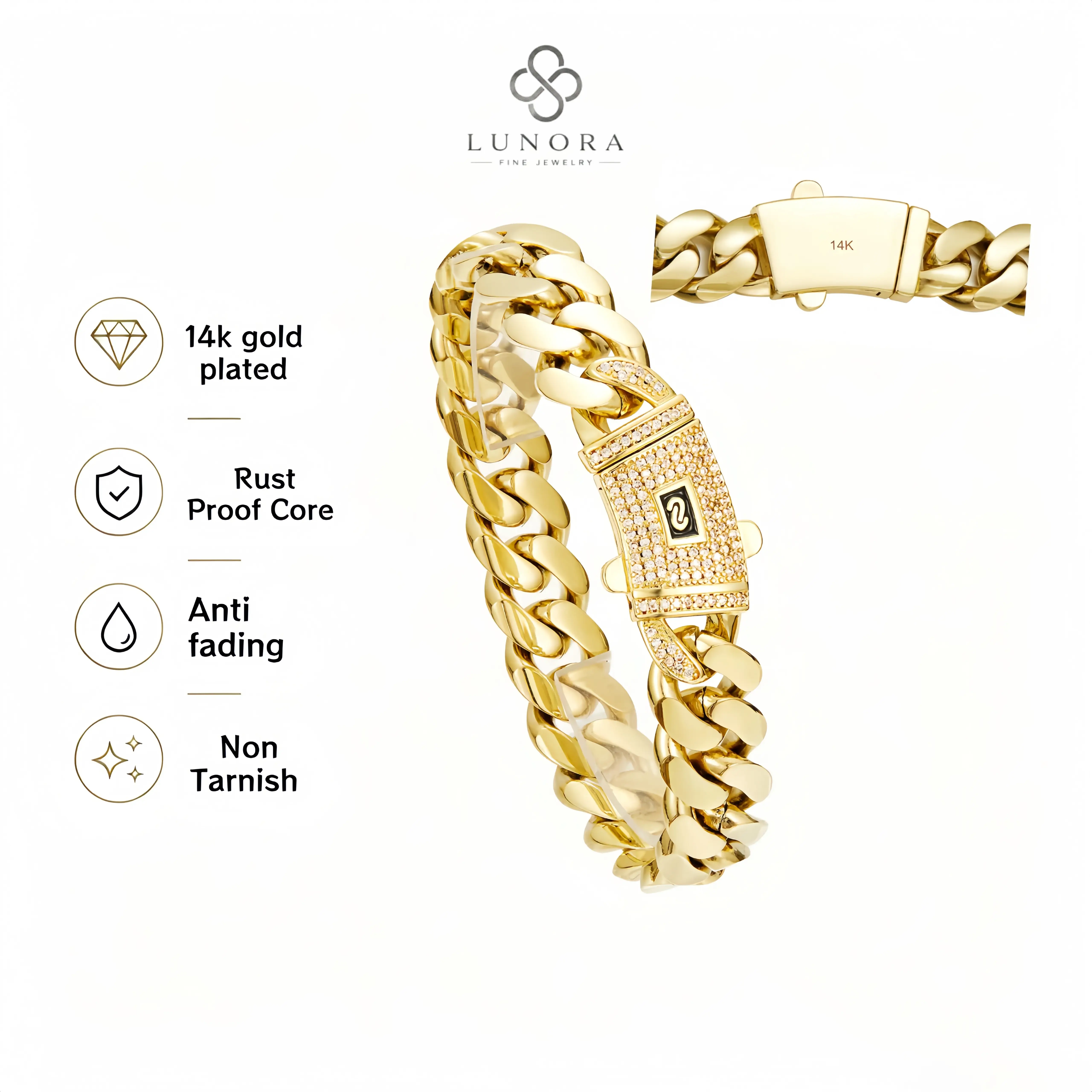 14K Gold Plated Miami Cuban Link Bracelet, Thick Chunky Design, 7.5/8.5 Inch. Unisex Hip-Hop Jewelry, Hypoallergenic & Sweat-Resistant, Ideal for Streetwear, Dating & Daily Wear, Great Gift for Son