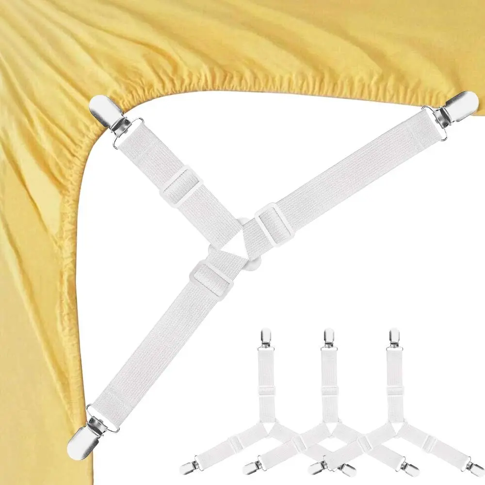 Bed Sheet Fastener, 4 Counts Durable Bedding Accessories Adjustable Triangle Elastic Suspenders Gripper Holder Straps Clip for Bed Sheets, Mattress Covers, Sofa Cushion, Bed Sheet Grippers