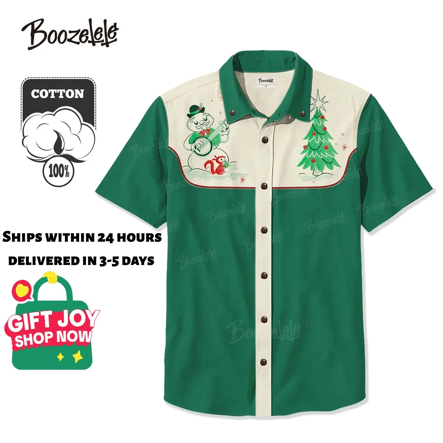 [Christmas]Unisex Christmas Banjo-Playing Snowman And Christmas Tree 100% Cotton Shirt Short Sleeves Button-down Christmas Series, Christmas outfits, Christmas Eve, Gifts