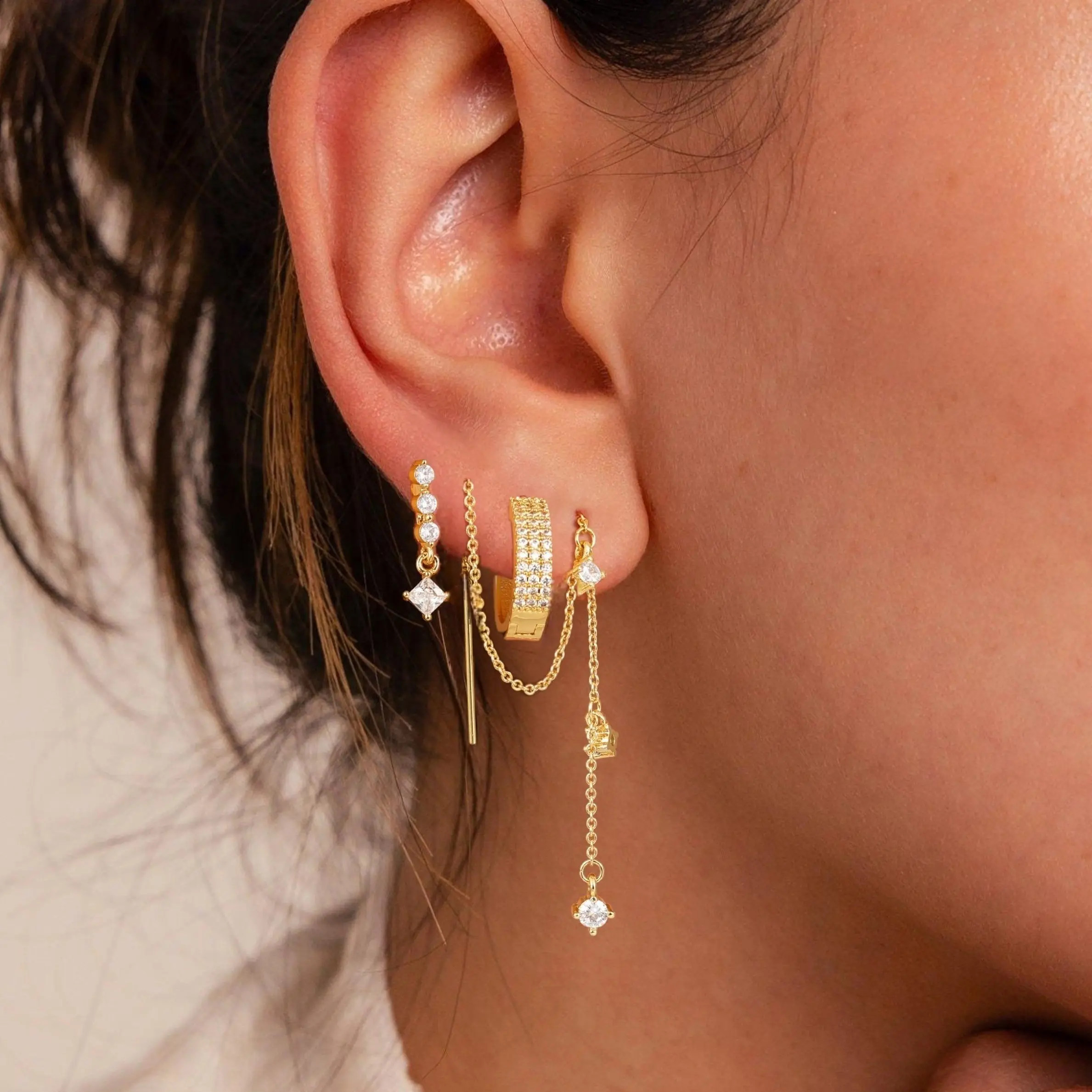 Tewiky 3 Layered Chain Earrings For Women Hypoallergenic Aretes Dangle Earrings Stud Waterproof Jewelry Gift For Blackfriday Christmas