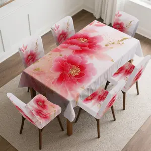 4/5/6/7pcs Blossoming Floral Elegance Chair Cover And Tablecloth Set, Dining Chair Slipcover, Easy Setup & Care, Fits Home Decor, Living Room, Outdoor Picnics, Restaurant, Festive Decor, Party Must-Have, Ideal Gift, Chair Tablecloth Covers