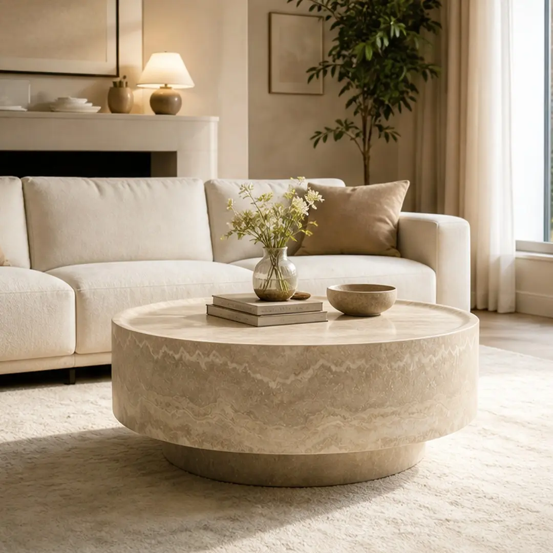 ARCH Round 31.5" Coffee Table for Living Room, Mars Vein Fiberglass Drum Table, Beige Sculptural Center Table, Freestanding Modern Accent Table with MDF Core, Sturdy Wood Base, Easy Clean Surface, Ideal for Family Room, Home Decor