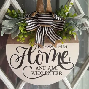 Floral Door Hanging Decor with Welcome Sign, Rustic Style Burlap Bowknot & Artificial Flowers, All-Season Front Door Decoration