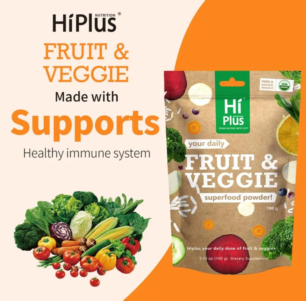 HiPlus Organic Fruits & Vegetables Powder Superfood Blend Daily Energy + Essential Vitamins | USDA Certified, Vegan Powder for Smoothies & Baking | Hidden vegetable recipes| Non-GMO, Gluten-Free, Easy Mixing | 3.52oz pure moringa powder fish oil