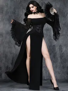 Women's Gothic Sexy Elegant Halloween Party Costumes Romantic Retro Lace One-shoulder Neck Splicing High Slit Witch Sleeve Role Play Dress