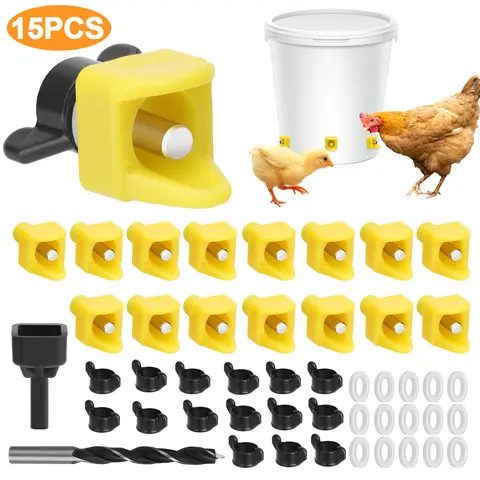 15Pack Chicken Waterer Nipples Kit with Drill Bits - Easy-to-Install Chicken Feeder,Water Dispenser for Chickens,Ducks,Quail,Automatic Leak-Proof Poultry Watering System