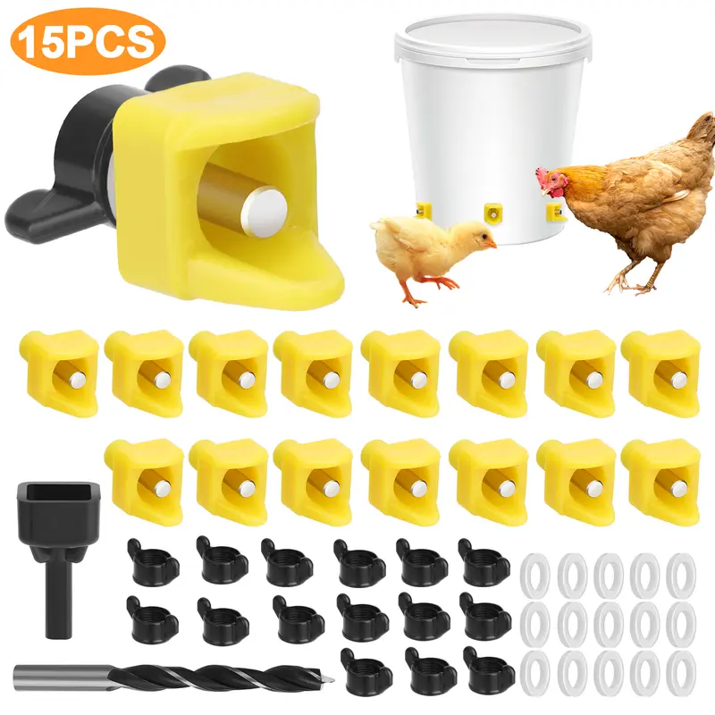 15Pack Chicken Waterer Nipples Kit with Drill Bits - Easy-to-Install Chicken Feeder,Water Dispenser for Chickens,Ducks,Quail,Automatic Leak-Proof Poultry Watering System