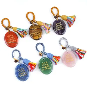 Bling Orange Calcite Natural Crystal Engraved Palm Stone Keychain, Healing Worry Stone with Positive Words for Anxiety Relief, Spiritual Support Gift for Friends, Keychains