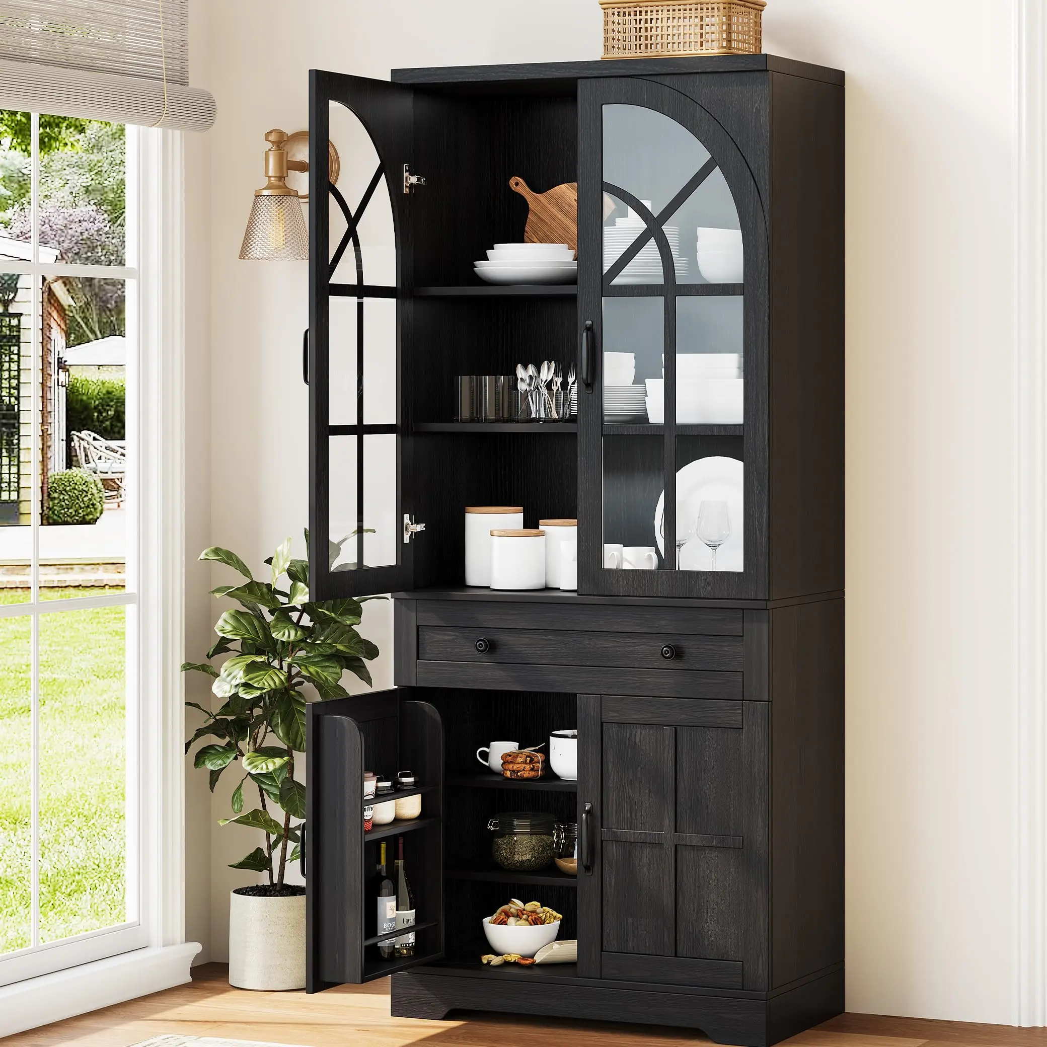Garvee Farmhouse Pantry Cabinet, Freestanding Kitchen Cabinet with Tempered Glass Doors, Multifunctional Tall Pantry for Kitchen & Dining Room,Black