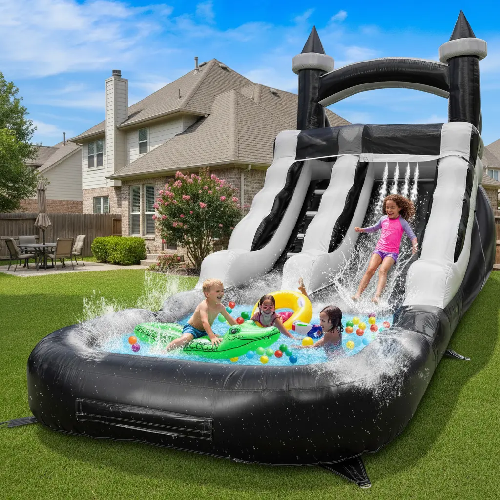 Commercial-Grade Large Water Slide,  Inflatable Water Slide for Kids Commercial Water Slide and Splash Pool, Giant Commercial-Grade Inflatable Water Slide, Swimming Pool, Large Waterslide, Wet/Dry Use, Summer Fun, Black