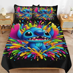 [mothers day gift ideas] DISNEY CLASSIC 3pcs Stitch Bedding Quilt Cover Set - Stitch Neon Bedding Quilt Set - Cartoon Themed Bed Quilt Set - Bedroom Decor, All Seasons (1 Duvet Cover + 2 Pillowcases, No Comforter)