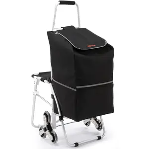VEVOR Foldable Stair Climbing Cart Folding Wagon, 165 lbs Static Load Capacity, 50L Waterproof Bag, Seat, Rubber Tri-Wheels, Padded Handle, Multipurpose for Travel Shopping