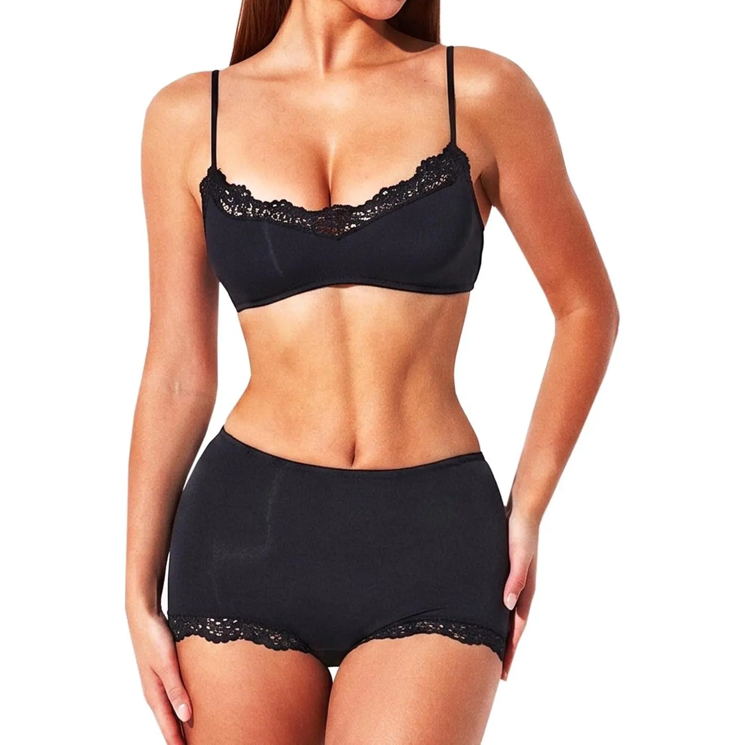 Navneet Women's Solid Sexy Chic Floral Lace Bralette and Boyshort Panty Set, Wireless Comfort Lingerie, Soft Breathable Underwear Set for Daily Wear, Casual Date Night Honeymoon Valentine Gift Y2K Aesthetic Cozy Intimates