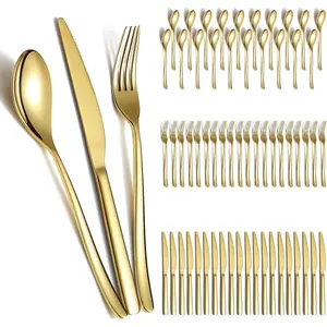 Gold Wedding Silverware Set 60pcs  for 20, Titanium Plating Stainless Steel Flatware Set, Gold Spoons Forks Knives Set for Home, Wedding, Restaurant, Dishwasher Safe