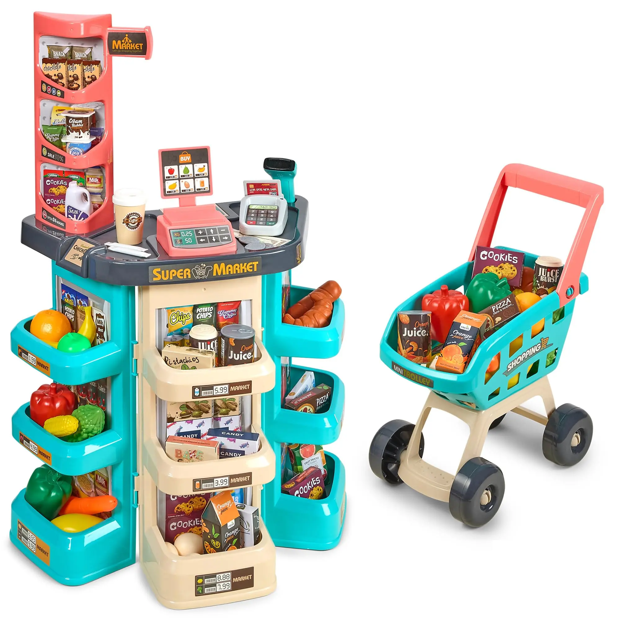 MEDca Kids Play Supermarket Set with Scanner - Pretend Play Grocery Shop Set - 47 Piece Complete Playset with Cash Register Credit Card Machine Scanner Shop Trolley and Food Gift for Boys and Girls Pretend Play Kitchen Play Kitchen Accessories