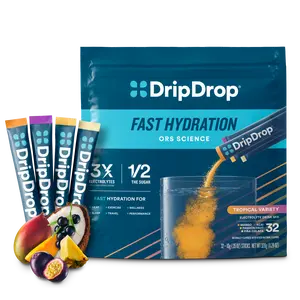 DripDrop Tropical Variety Pack Electrolyte Powder, 8 oz sticks, 32 count
