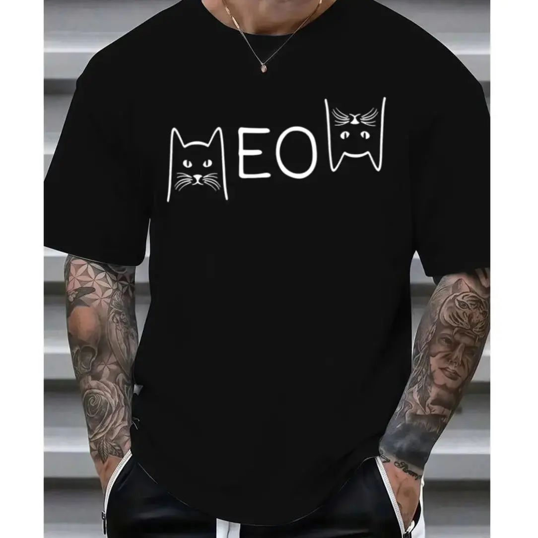Streetwear Graphic Tshirt for Men, Funny Meow Kitty Print Cotton Top, Soft Basic Crew Neck for Casual Wear, Menswear, Round Neck, Cargo, Cartoon Style