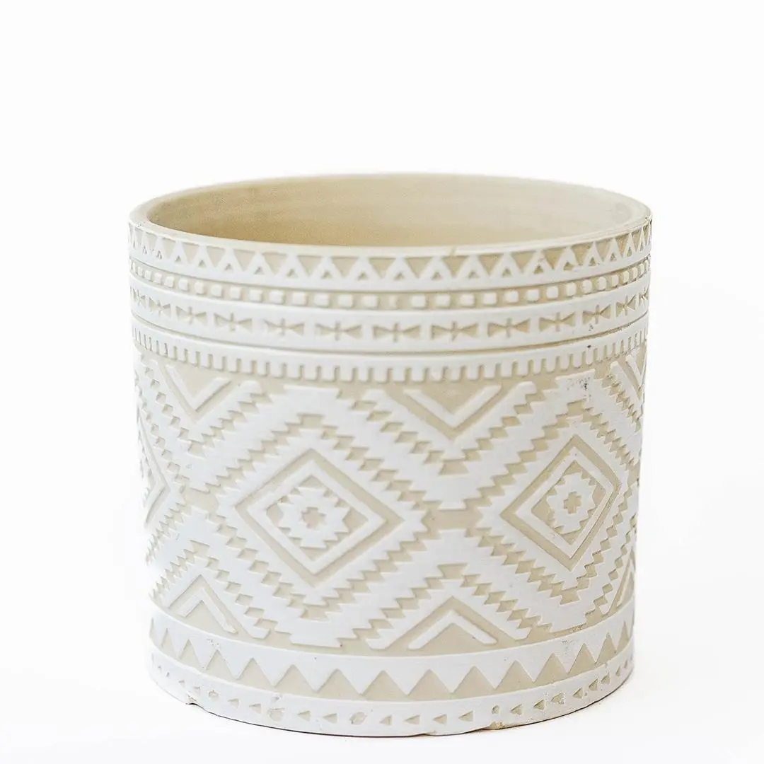 212 MAIN Cement Planter - FP-CNP-139Q01, Cream Color With White Aztec Pattern
