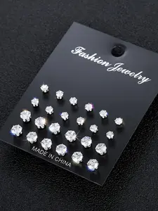 Summer 2024 Irregular Luxury Rhinestone Decor Stud Earrings, 12 Pairs Boy's Matching Jewelry, Streetwear Punk Hip Hop Trendy Accessories for Party, Clubs, Daily Wear, Ear Studs