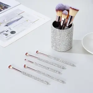 9-Piece Portable Makeup Brushes Set with White Storage Bucket - Diamond-Embellished for Loose Powder, Finishing Powder, Blush, 9-Piece Storage Bucket Set In White