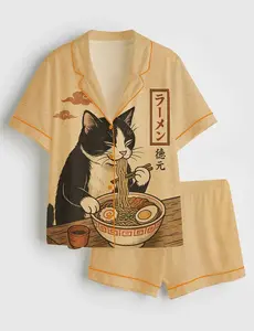 Japanese Ramen Cat Satin Pajama Set Women, Kawaii Print Sleepwear, Short Sleeve Two Piece Lounge Outfit Gift