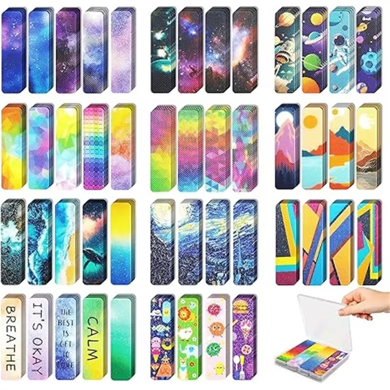 Unique Style Sensory Fidget Sticker Accessories - 48 Stickers, Storage Box, 2 Textured Strips, Abstract Watercolors, Calming Words, Office Desk Cellphone Companion, Anxiety Relief for Teens