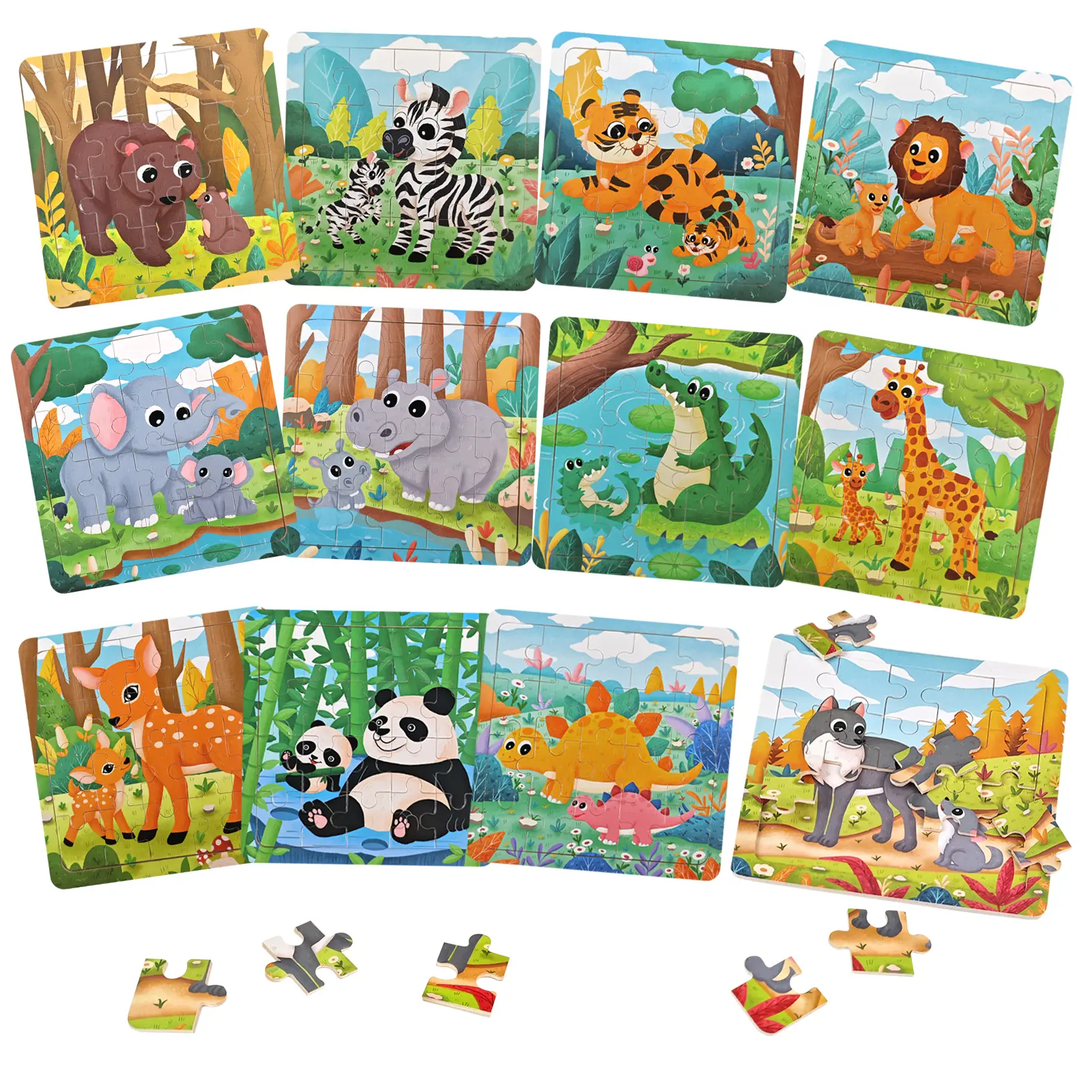 Wooden 12-Animal Puzzle Set, Montessori Puzzles Gift, Preschool Educational Toys for Toddlers 2-5 Years, Quiet Time & Early Development Tool with Multiple Learning Themes