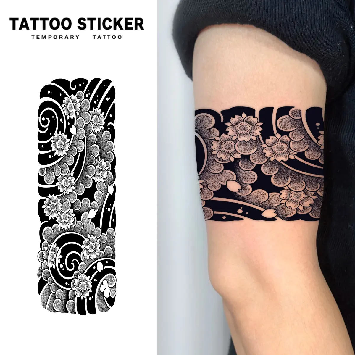 Temporary Tattoo Japanese Wave Lotus Armband Black Grey Series Fake Tattoo Stickers, 2 Sheet Pack, Semi-Permanent Durable Waterproof, Traditional Realistic Look For Men Women, Perfect For Chinese Style Street Outfit Body Art - Temporary Tattoos