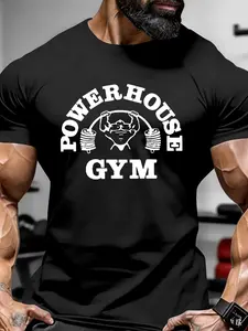Men's Casual Weightlifting Letter Print Short Sleeve Sport Shirt, Gym Athletic Clothes, Athletic Fashion Activewear, Soft Stretch Fabric, Summer Perfect Choice, Fashion Daily Wear