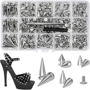 180 Sets Punk Spikes and Studs Kit, Multiple Size Cone Spikes for Clothing, Punk Rock Style Studs and Spikes for DIY Leathercraft Decoration, Suitable for Clothing,  Collars, Belts, Bags