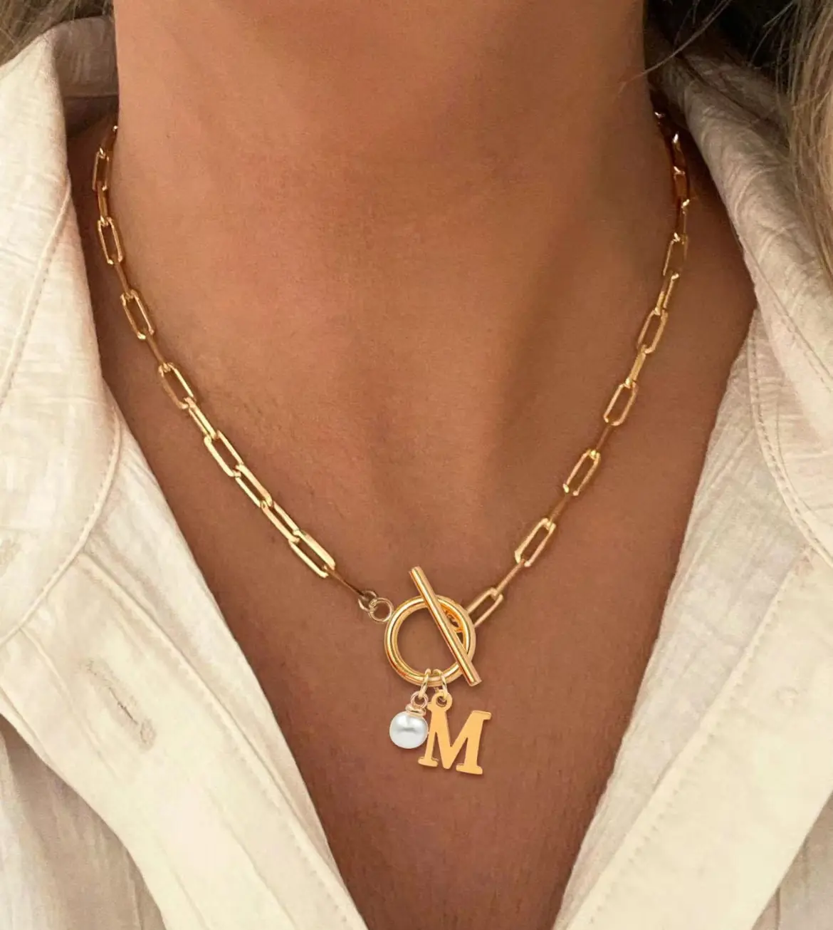 Women's faux pearl decor OT buckle pendant necklace, chains letter charm pendant necklace, initial necklace vintage jewelry for party & Daily decor for fall 2024, fall outfits, fall freshness