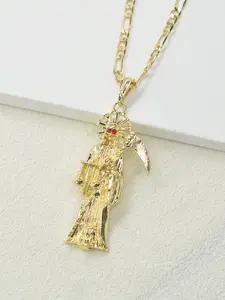 1 Piece 14k Gold Plated Fashion Hip Hop Santa Muerte Death God Pendant Necklace, Unisex Jewelry, Halloween Festival Gift, Religious Accessory