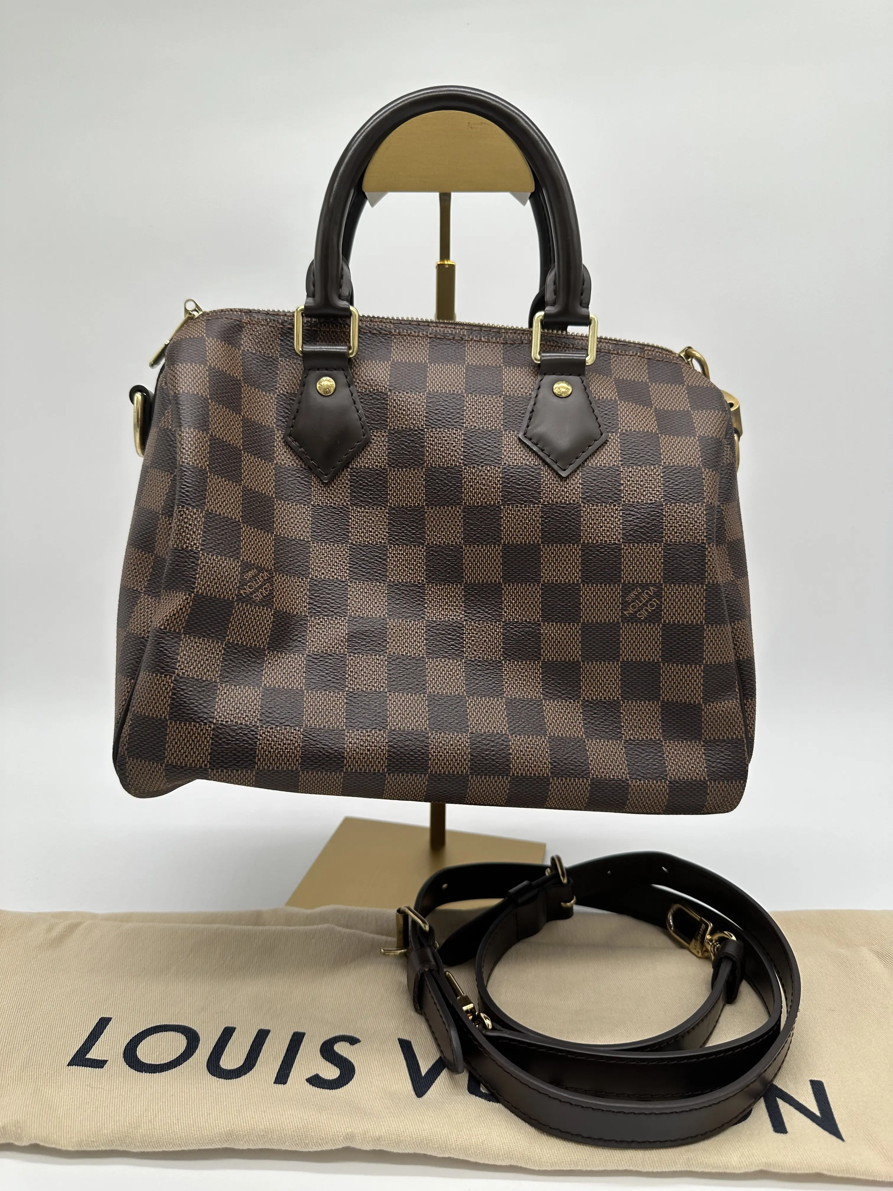 Pre-owned Louis Vuitton coated canvas and leather Crossbody Bags Speedy 25 Bandolier in Damier Ebene