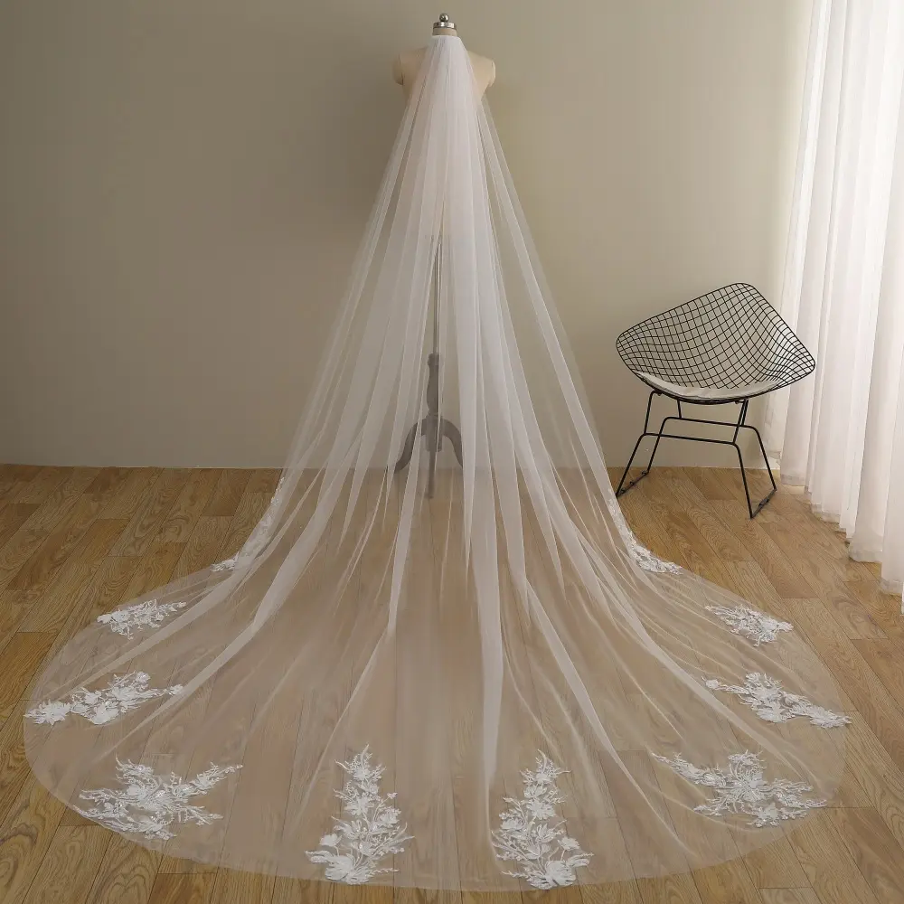 Sparkling beaded wedding veil, Single tier shiny bridal veil, Vintage floral lace wedding veil, Cathedral veil chapel length veil