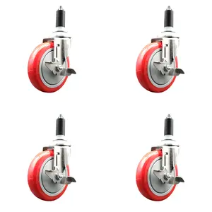 Service Caster SCC-SS316EX20S514-PPUB-RED-TLB-138-4 Polyurethane Swivel Stem Caster with 5 in. Red Caster Wheels, 1.38 in. Expanding Stems - 316 Stainless Steel Casters - Set of 4