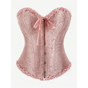 Classic Corset Overbust Bustier Bodice, Strapless Sweet Fit Tight-Fitting Boned Vest With Ruffle Trim, Suitable For Ball Gowns, Costume Parties, Outerwear