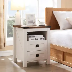 T4TREAM White Nightstand with Charging Station, End Table, Side Table with 2 Drawers Storage Cabinet for Bedroom, Living Room, Farmhouse Design, Wood Rustic