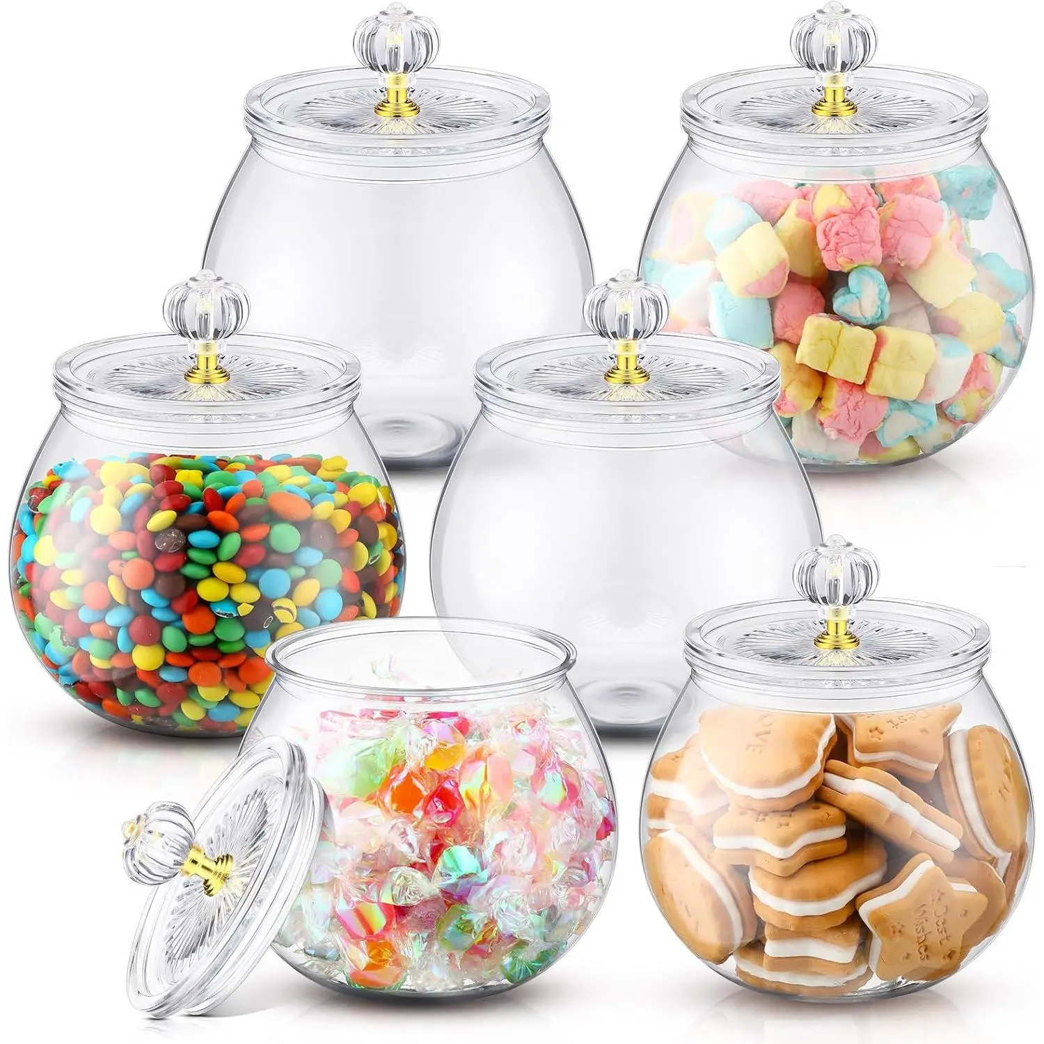 6 count Plastic Candy and Cookie Jar with Lids Decorative  Jars Candy Buffet Containers Clear Airtight  Storage Canister  Decoration(30 oz,Stylish)