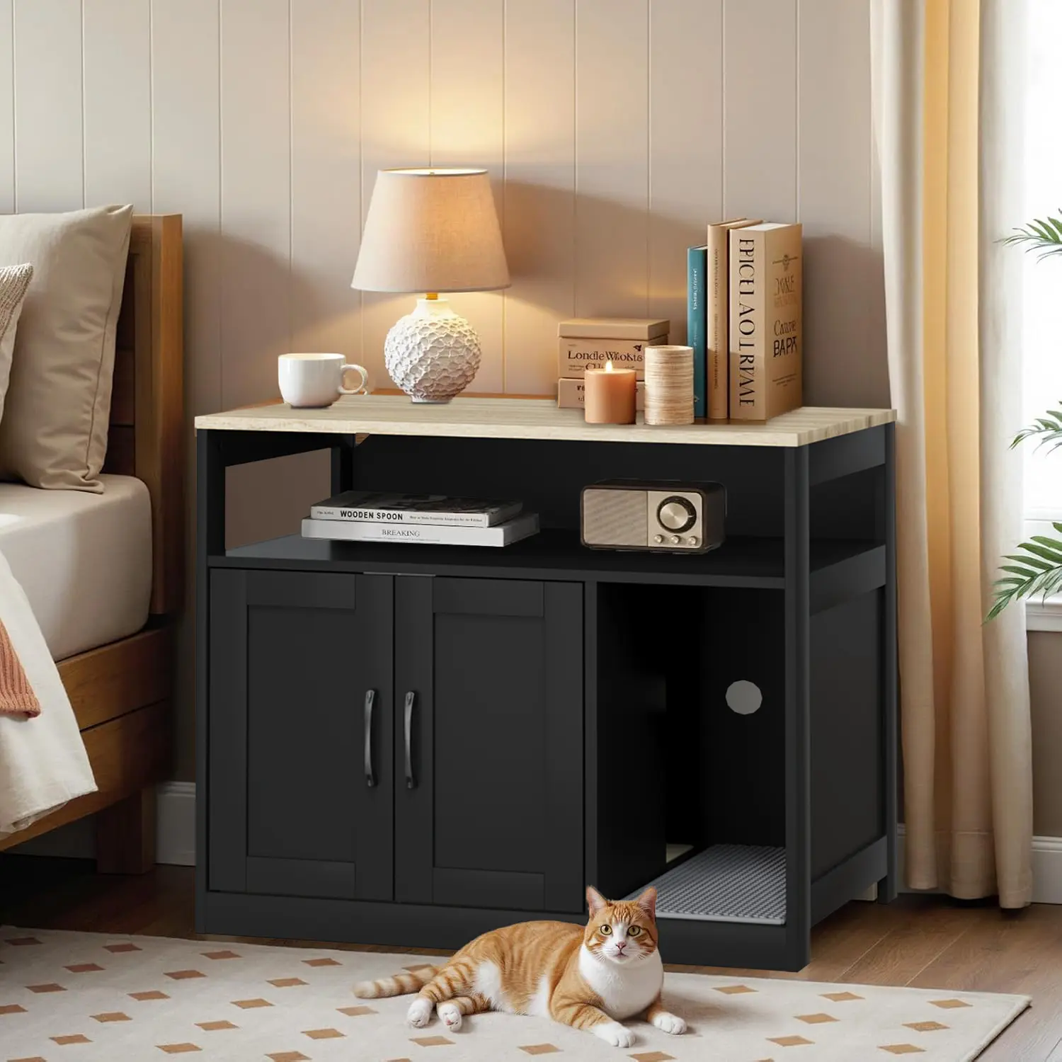 Wooden Hidden Litter Box Furniture,Indoor Cat House With Storage Shelf,Fits Most Litter Box, Wooden Cat Litter Box Enclosure,Pet House,Cat Litter Box Enclosure,For Living Room, Bedroom,Black,Natural,White Litterbox Kitten Litter Box