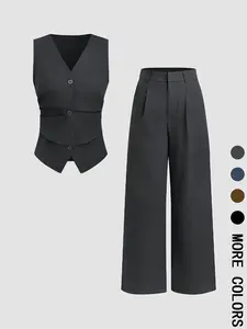 2026 Women's Two Piece Set Solid Color Vest & Wide Leg Pants Set Elegant Fitted Fashion Casual Work Office Business Suits for Summer Fall Y2K