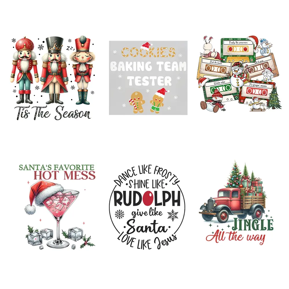 6 Piece Christmas DTF Heat Transfer Stickers, Nutcracker Gingerbread Man Vintage Truck Designs, Vinyl Decals for T-Shirts Jeans Backpacks